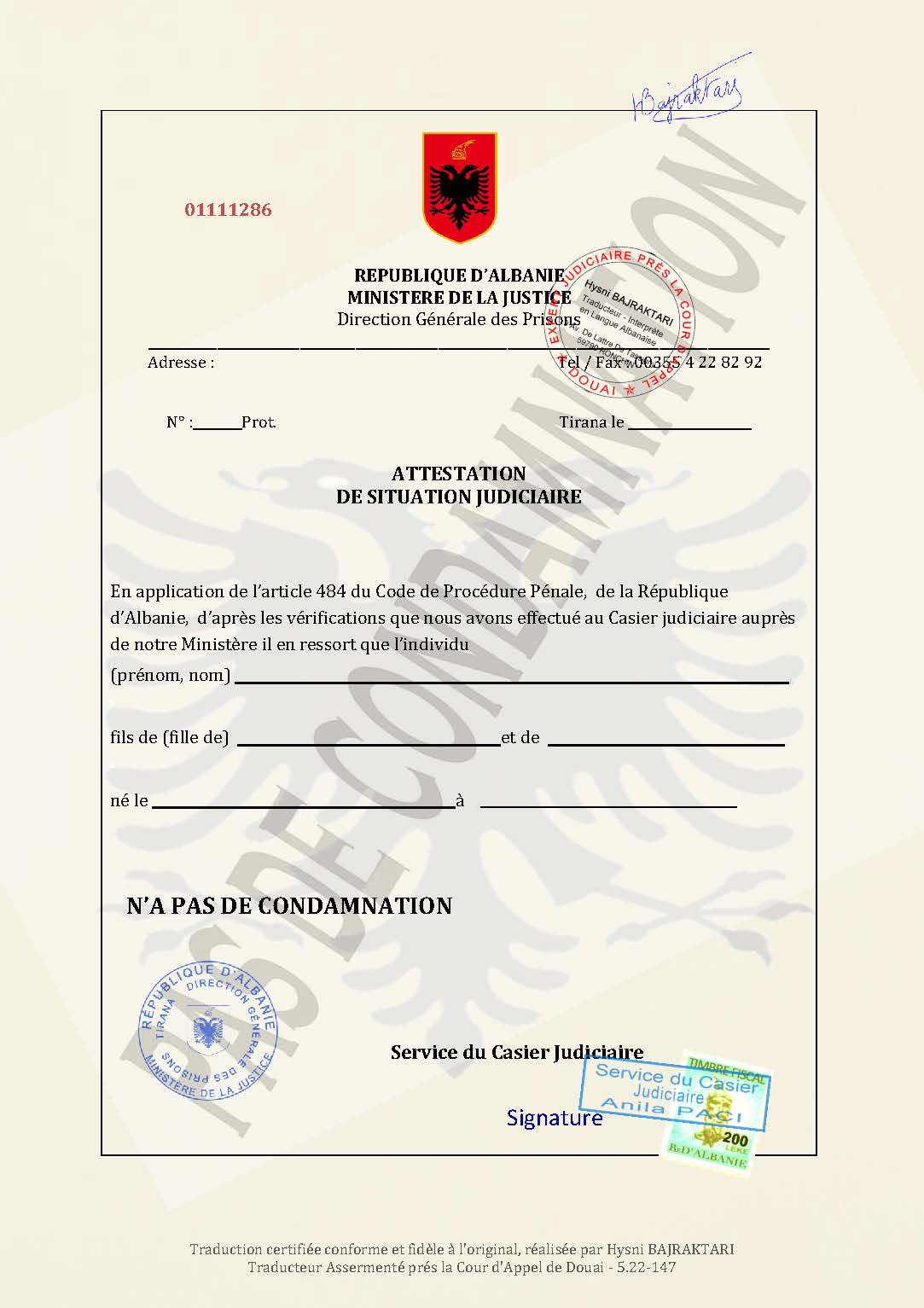 Illustrative example for the translation of: Criminal record certificate