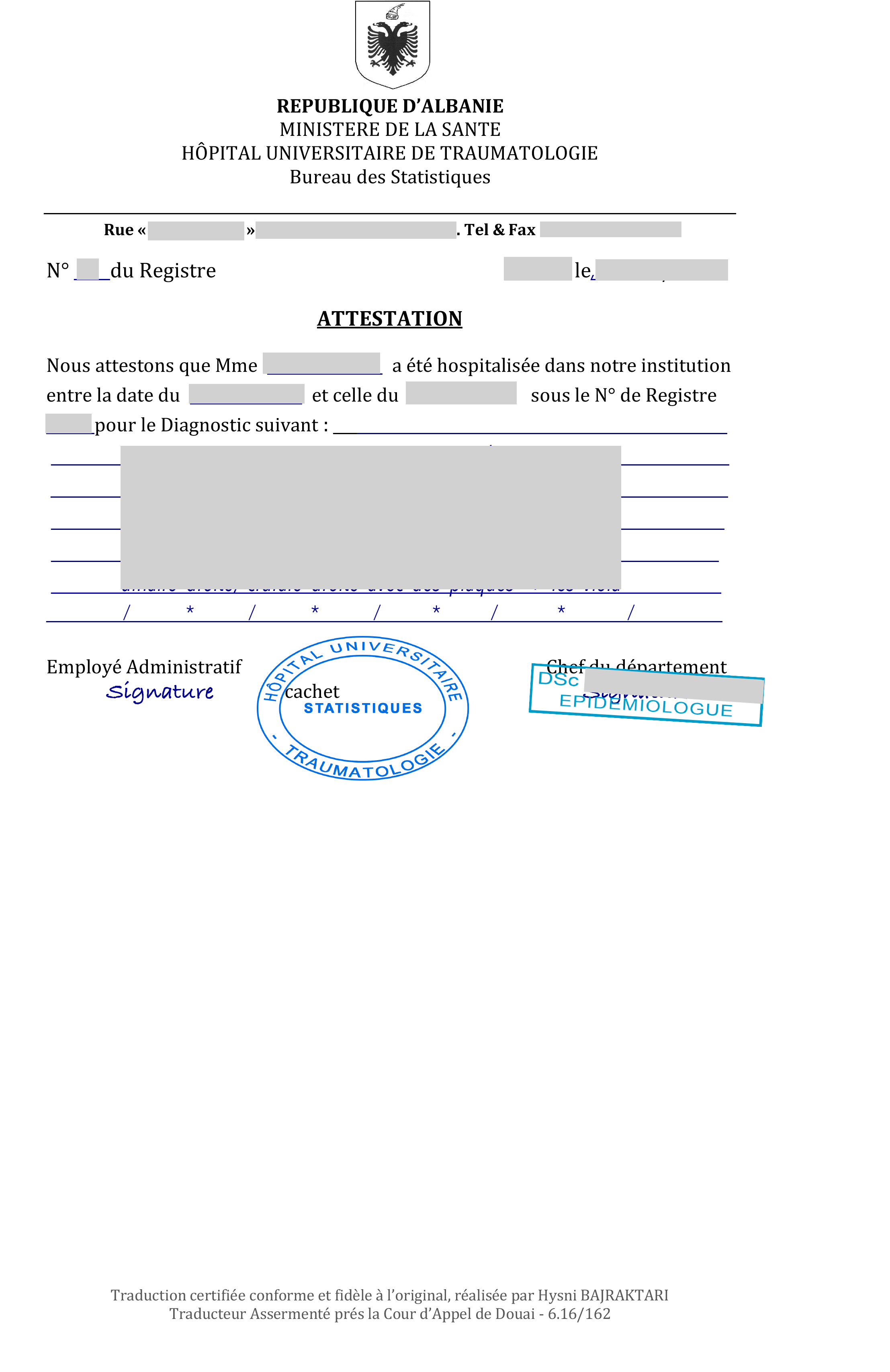Illustrative example for the translation of: Medical certificate