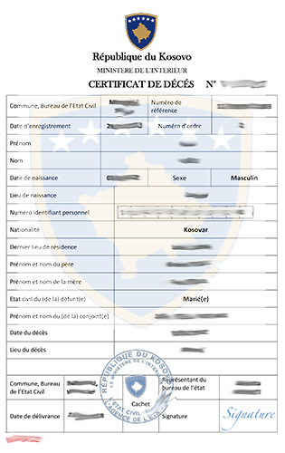 Illustrative example for the translation of: Death certificate